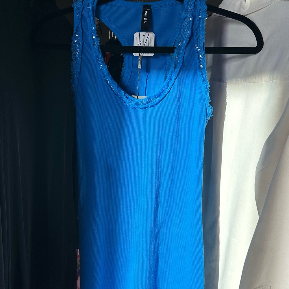 VINTAGE Y2K Gorgeous Blue Sequin Trim Racerback Tank Top Summer Tank Size-L